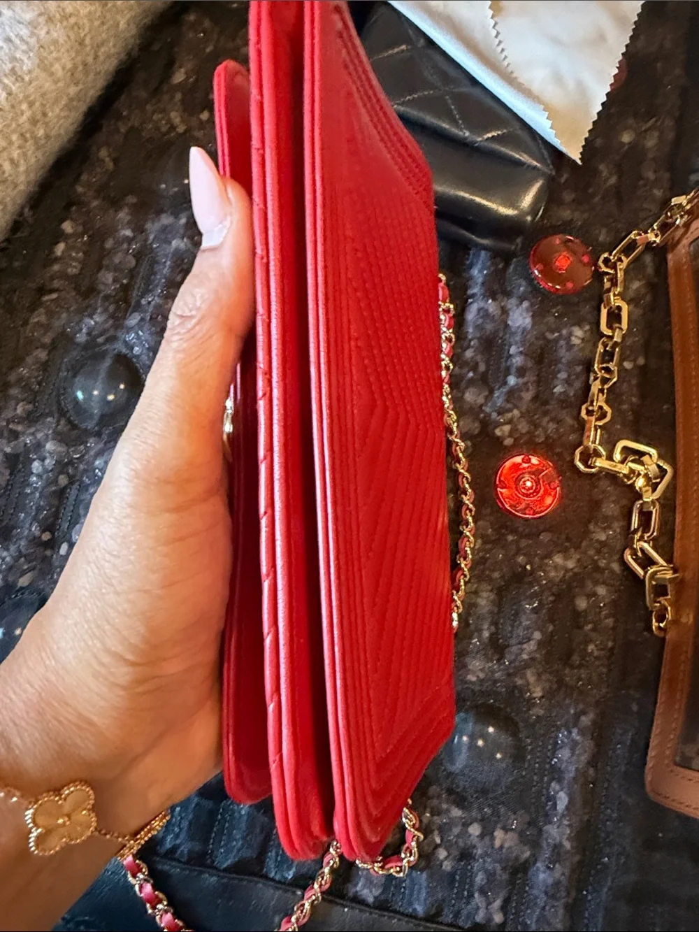 CHANEL Red Chevron Quilted Leather Crossbody with Gold Chain